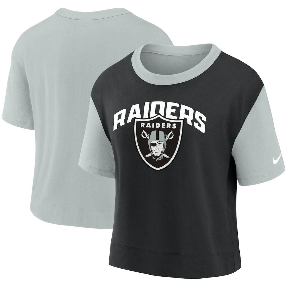Las Vegas Raiders Women's High Hip Fashion T-Shirt - Silver/Black | Nike for sale