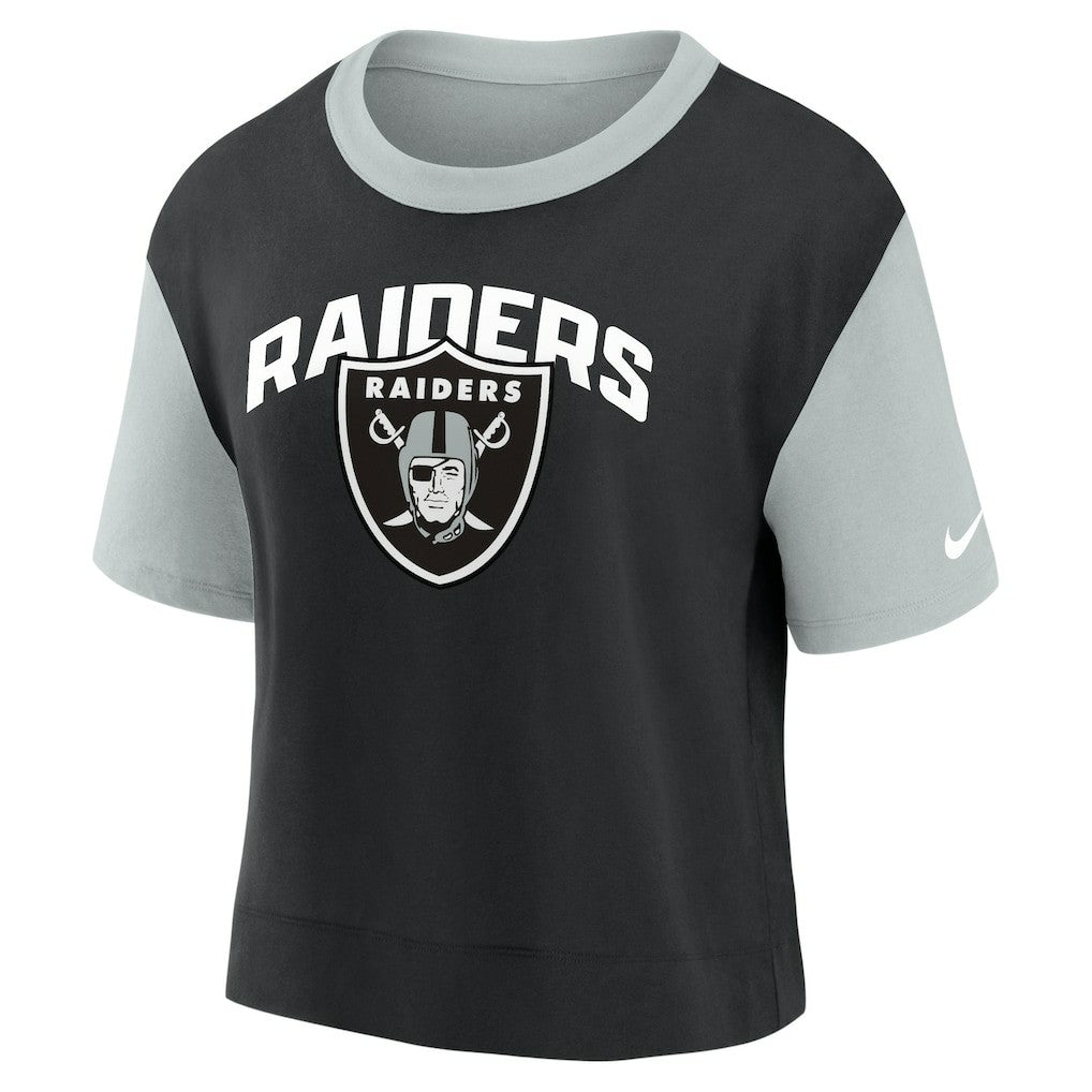 Las Vegas Raiders Women's High Hip Fashion T-Shirt - Silver/Black | Nike for sale