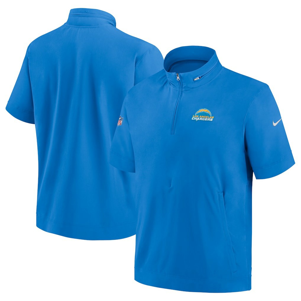 Los Angeles Chargers Sideline Coach Short Sleeve Hoodie Quarter-Zip Jacket - Powder Blue | Nike on sale