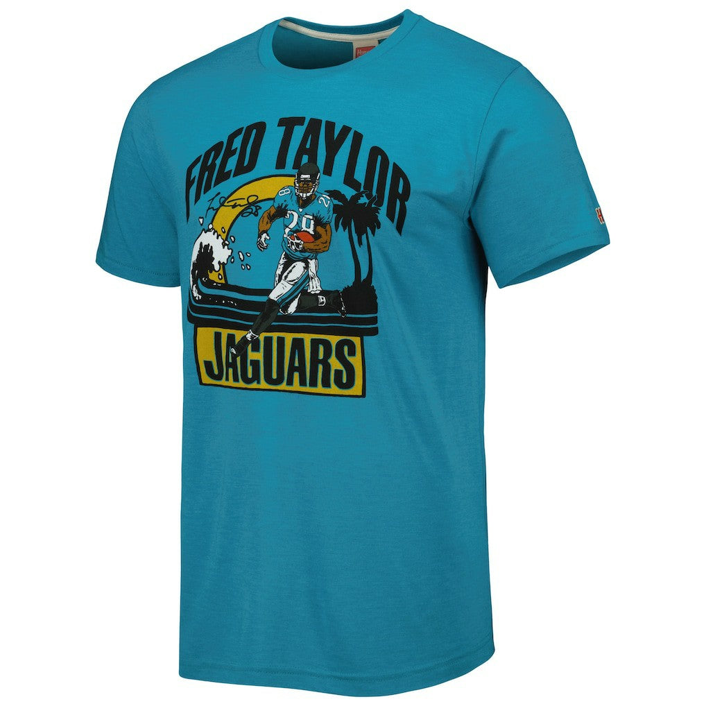 Fred Taylor Jacksonville Jaguars Homage Unisex Caricature Retired Player Tri-Blend T-Shirt - Teal outlet