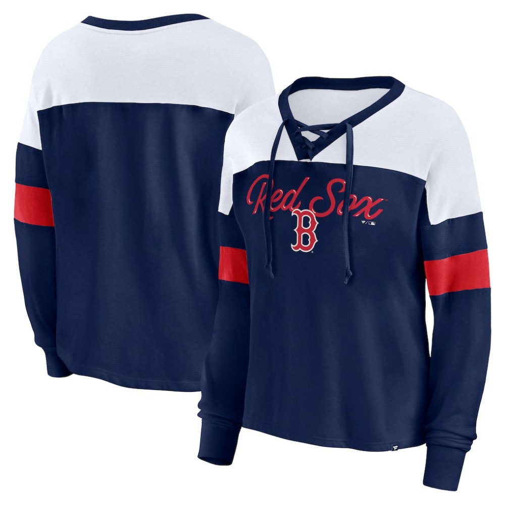 Boston Red Sox Women's Even Match Lace-Up Long Sleeve V-Neck T-Shirt - Navy/White