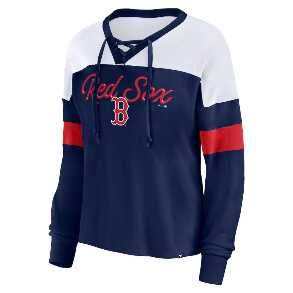 Boston Red Sox Women's Even Match Lace-Up Long Sleeve V-Neck T-Shirt - Navy/White