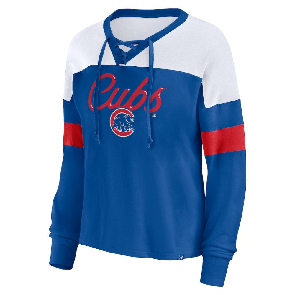 Chicago Cubs Women's Even Match Lace-Up Long Sleeve V-Neck T-Shirt - Royal/White