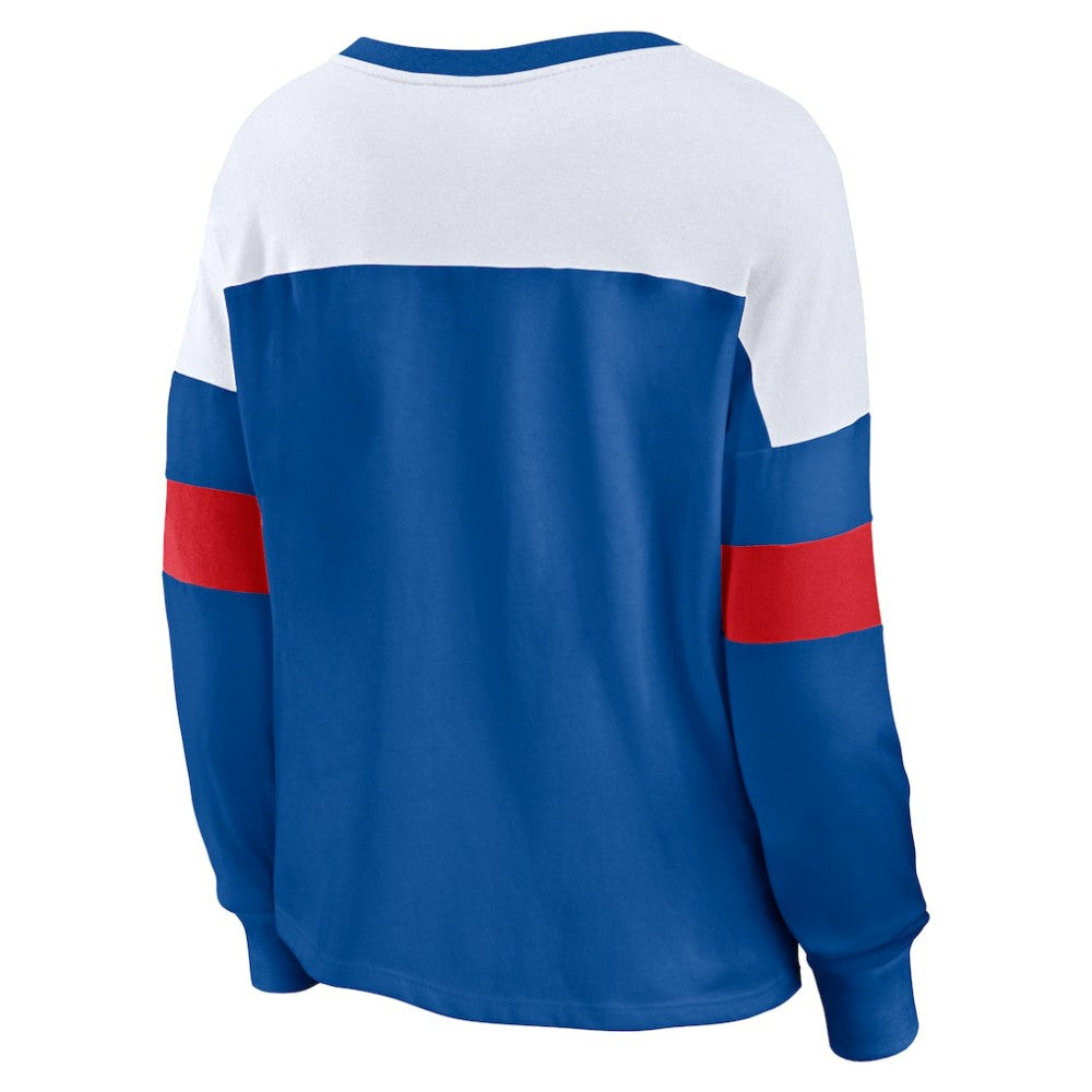 Chicago Cubs Women's Even Match Lace-Up Long Sleeve V-Neck T-Shirt - Royal/White