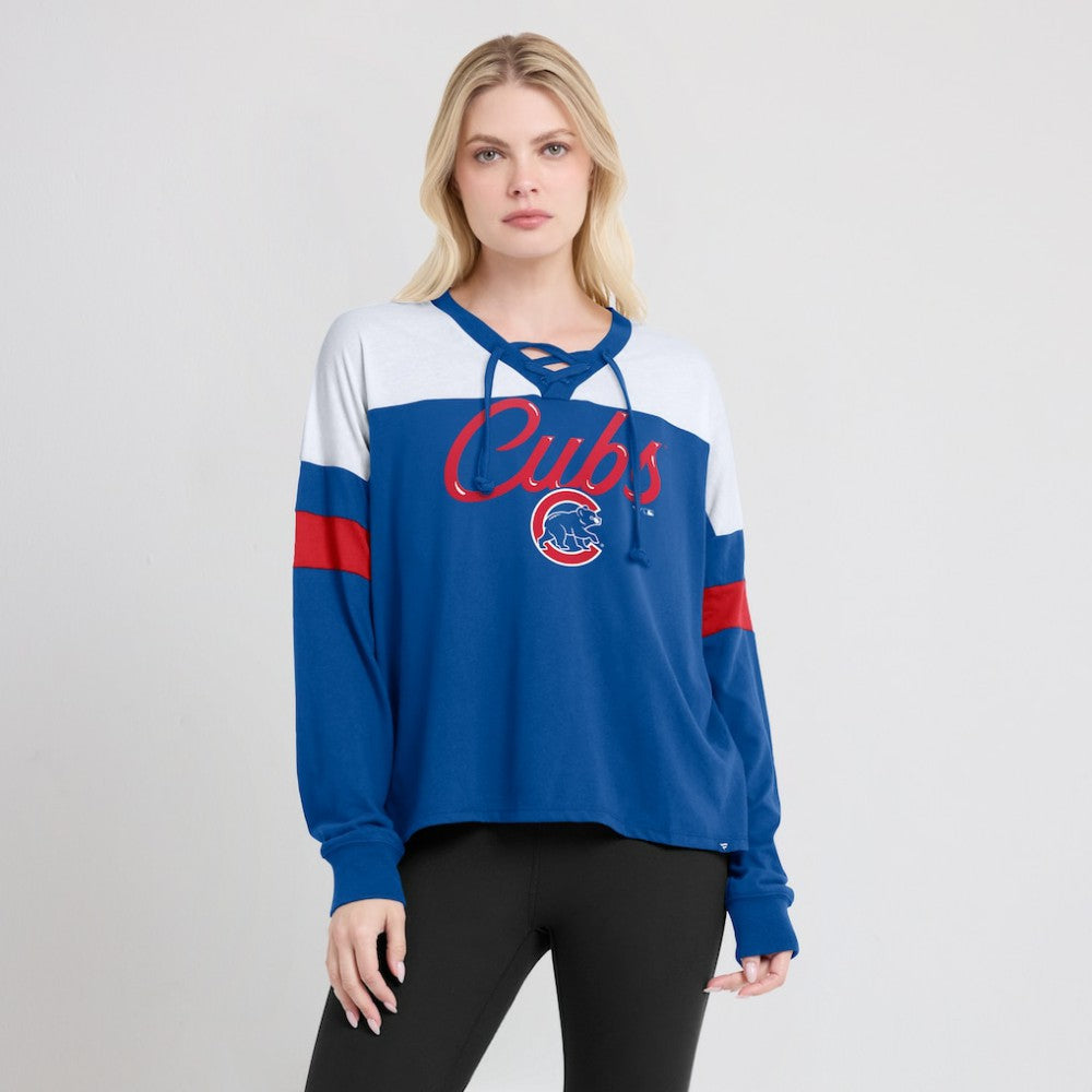 Chicago Cubs Women's Even Match Lace-Up Long Sleeve V-Neck T-Shirt - Royal/White