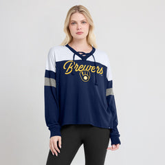 Milwaukee Brewers Women's Even Match Lace-Up Long Sleeve V-Neck T-Shirt - Navy/White