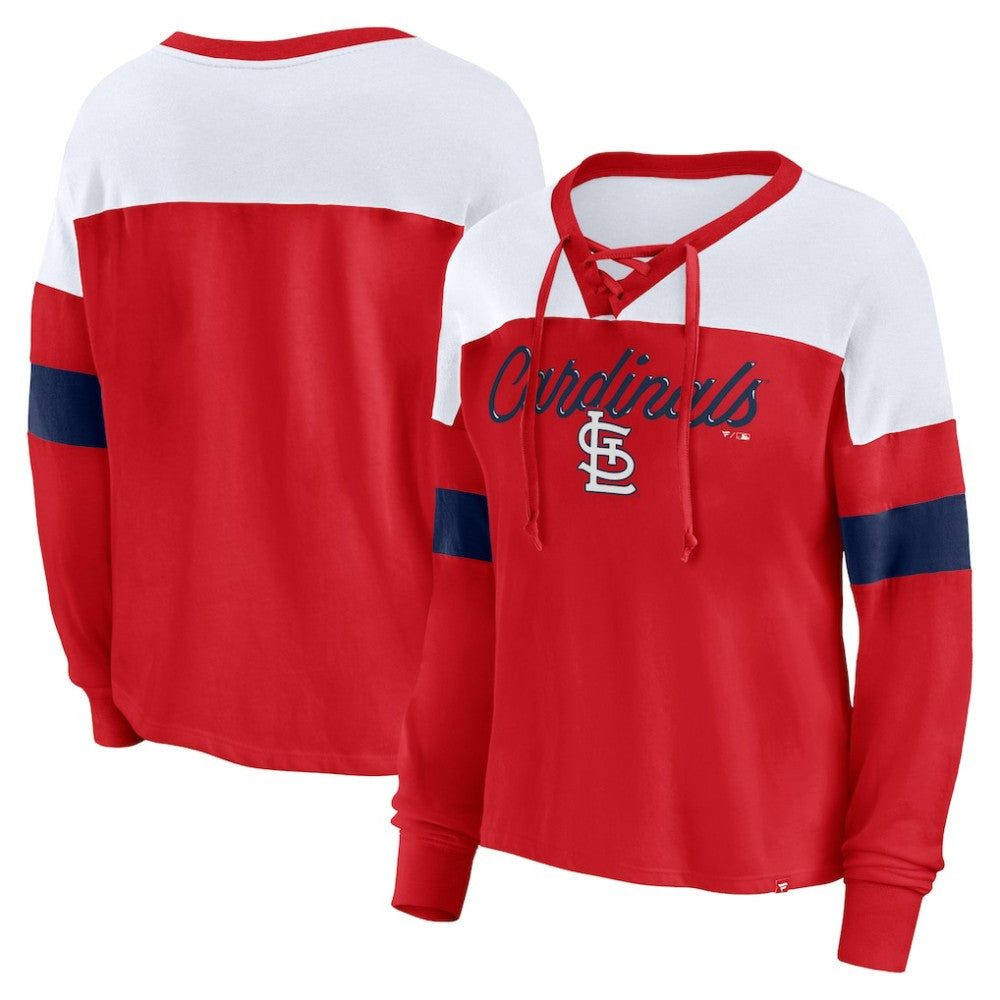 St. Louis Cardinals Women's Even Match Lace-Up Long Sleeve V-Neck T-Shirt - Red/White
