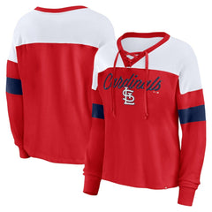 St. Louis Cardinals Women's Even Match Lace-Up Long Sleeve V-Neck T-Shirt - Red/White
