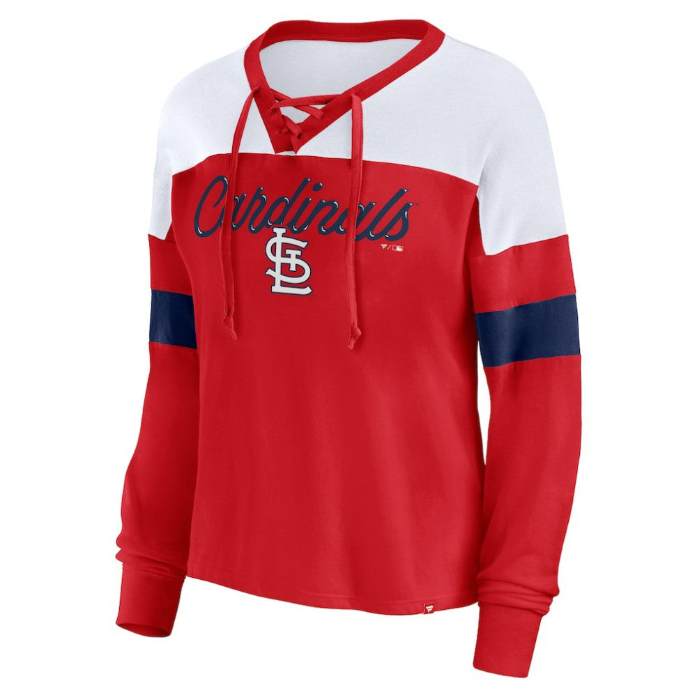 St. Louis Cardinals Women's Even Match Lace-Up Long Sleeve V-Neck T-Shirt - Red/White