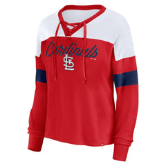 St. Louis Cardinals Women's Even Match Lace-Up Long Sleeve V-Neck T-Shirt - Red/White