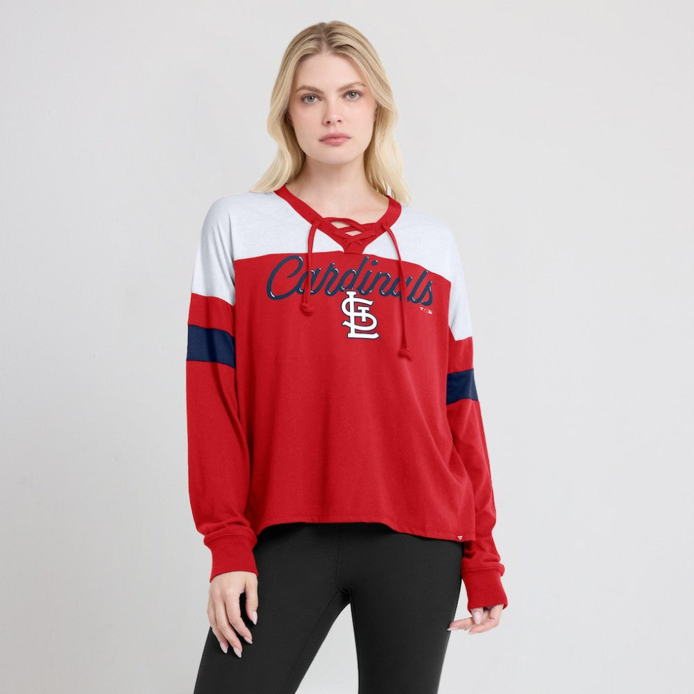 St. Louis Cardinals Women's Even Match Lace-Up Long Sleeve V-Neck T-Shirt - Red/White