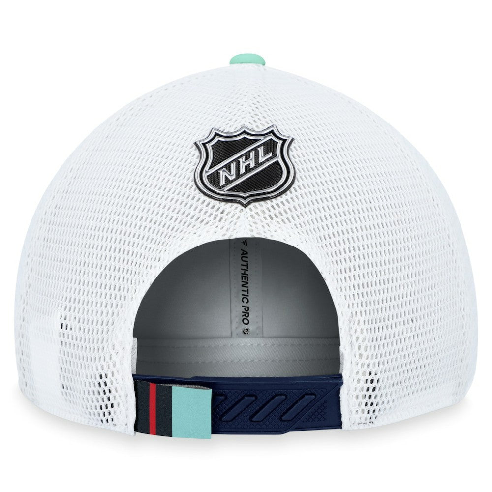 Seattle Kraken Fanatics 2023 NHL Draft On Stage Trucker Adjustable Hat Deep Sea Blue