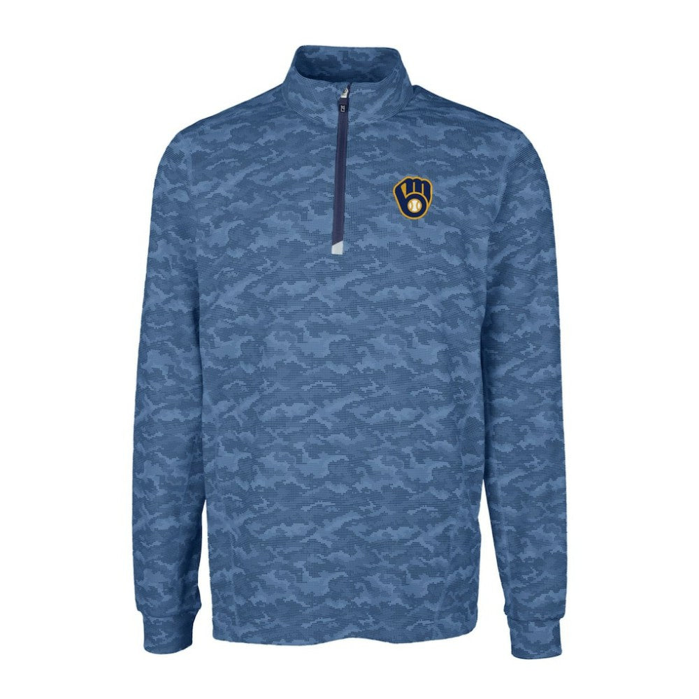 Milwaukee Brewers Cutter & Buck Big & Tall Traverse Camo Print Stretch Quarter-Zip Pullover Top - Navy