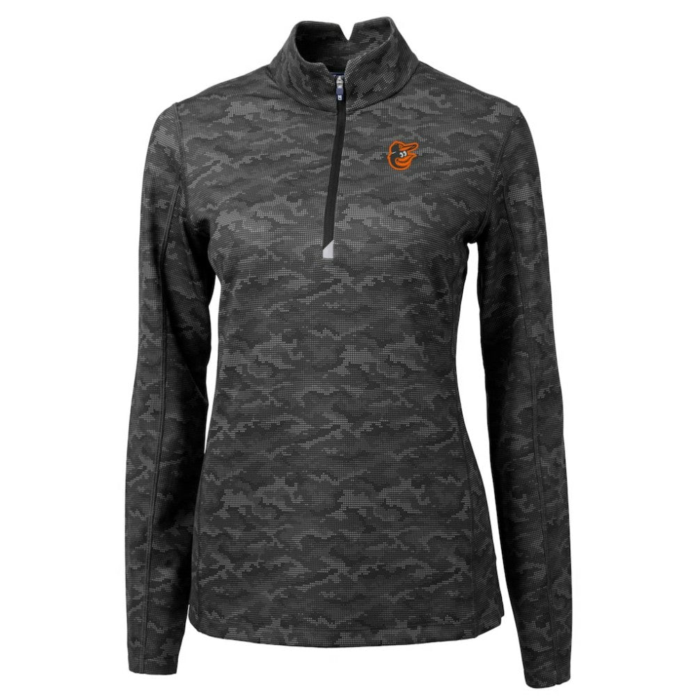 Baltimore Orioles Cutter & Buck Women's Traverse Camo Print Stretch Quarter-Zip Pullover Top - Black