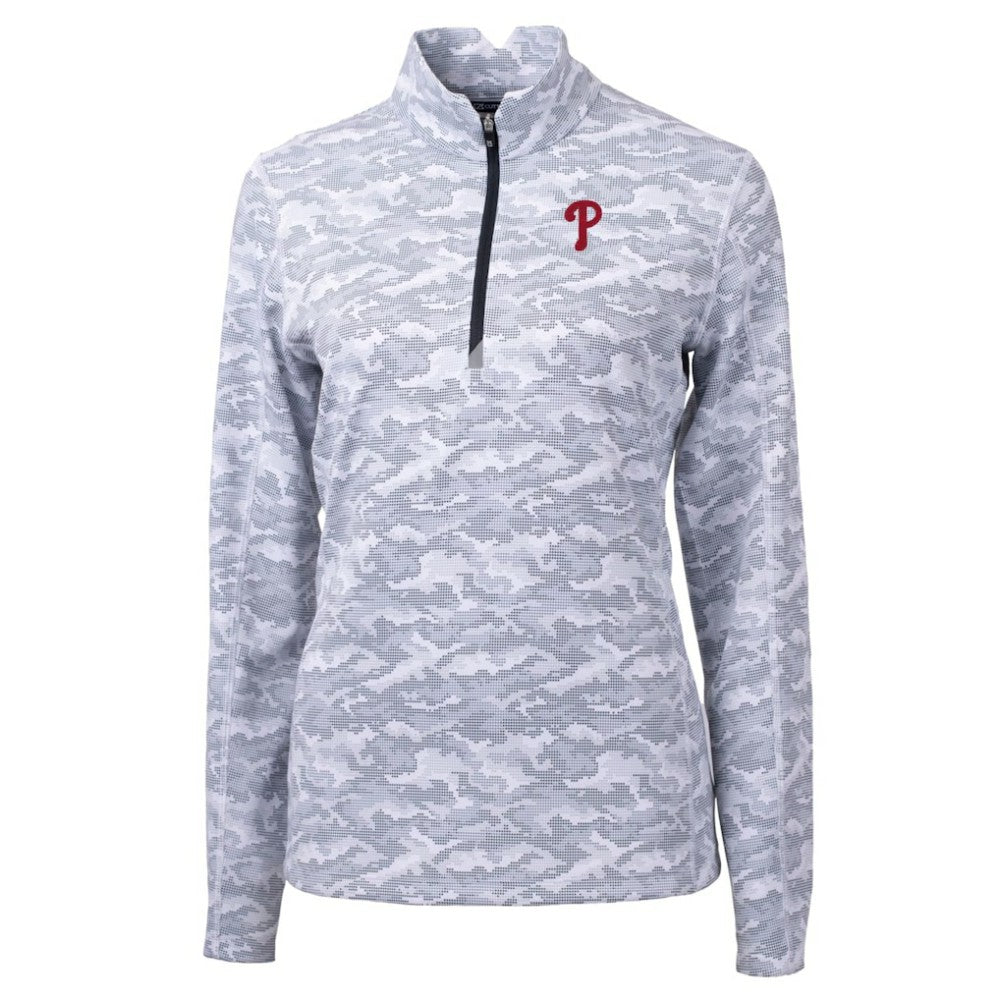 Philadelphia Phillies Cutter & Buck Women's Traverse Camo Print Stretch Quarter-Zip Pullover Top - Charcoal