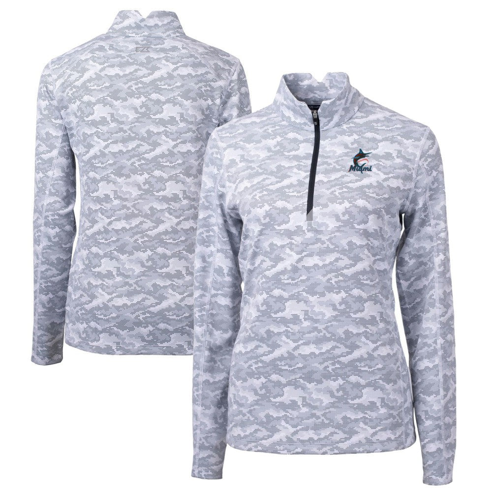 Miami Marlins Cutter & Buck Women's Traverse Camo Print Stretch Quarter-Zip Pullover Top - Charcoal