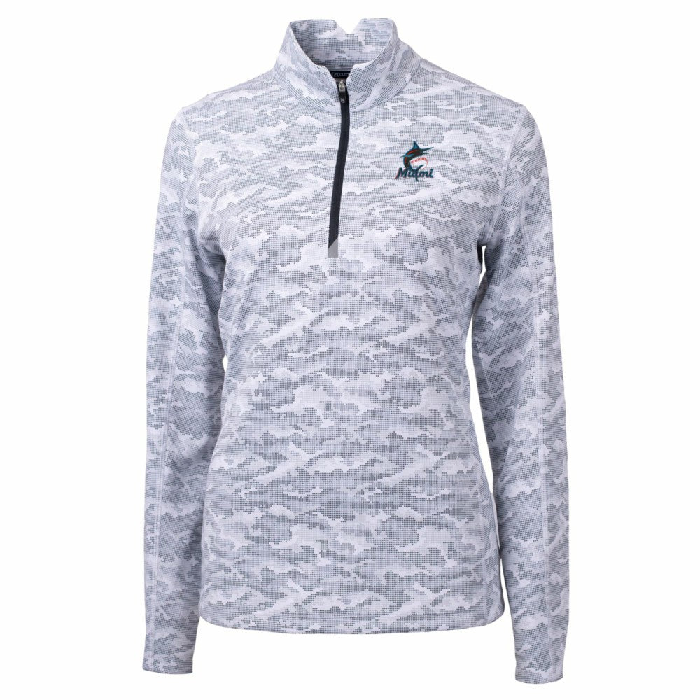 Miami Marlins Cutter & Buck Women's Traverse Camo Print Stretch Quarter-Zip Pullover Top - Charcoal