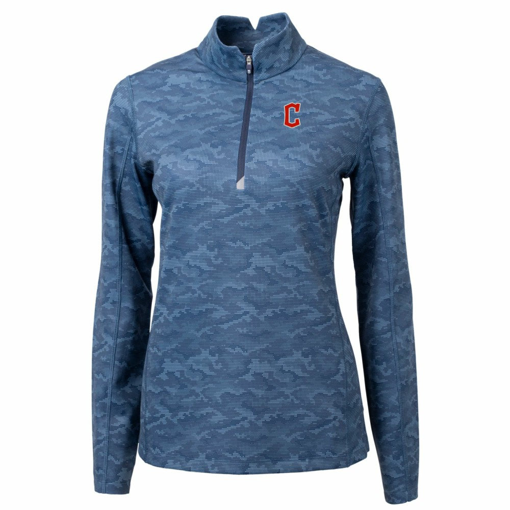Cleveland Guardians Cutter & Buck Women's Traverse Camo Print Stretch Quarter-Zip Pullover Top - Navy