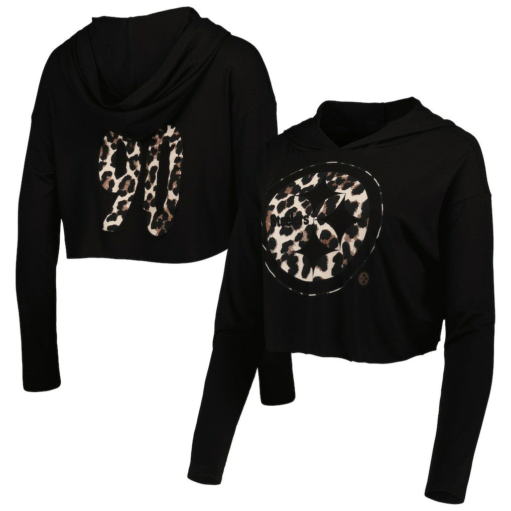 T.J. Watt Pittsburgh Steelers Majestic Threads Women's Leopard Player Name & Number Long Sleeve Cropped Hoodie - Black sale