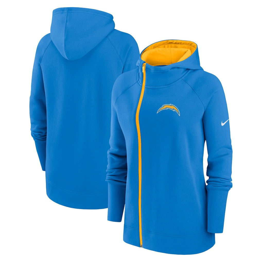 Los Angeles Chargers Women's Asymmetrical Raglan Full-Zip Hoodie - Powder Blue | Nike online