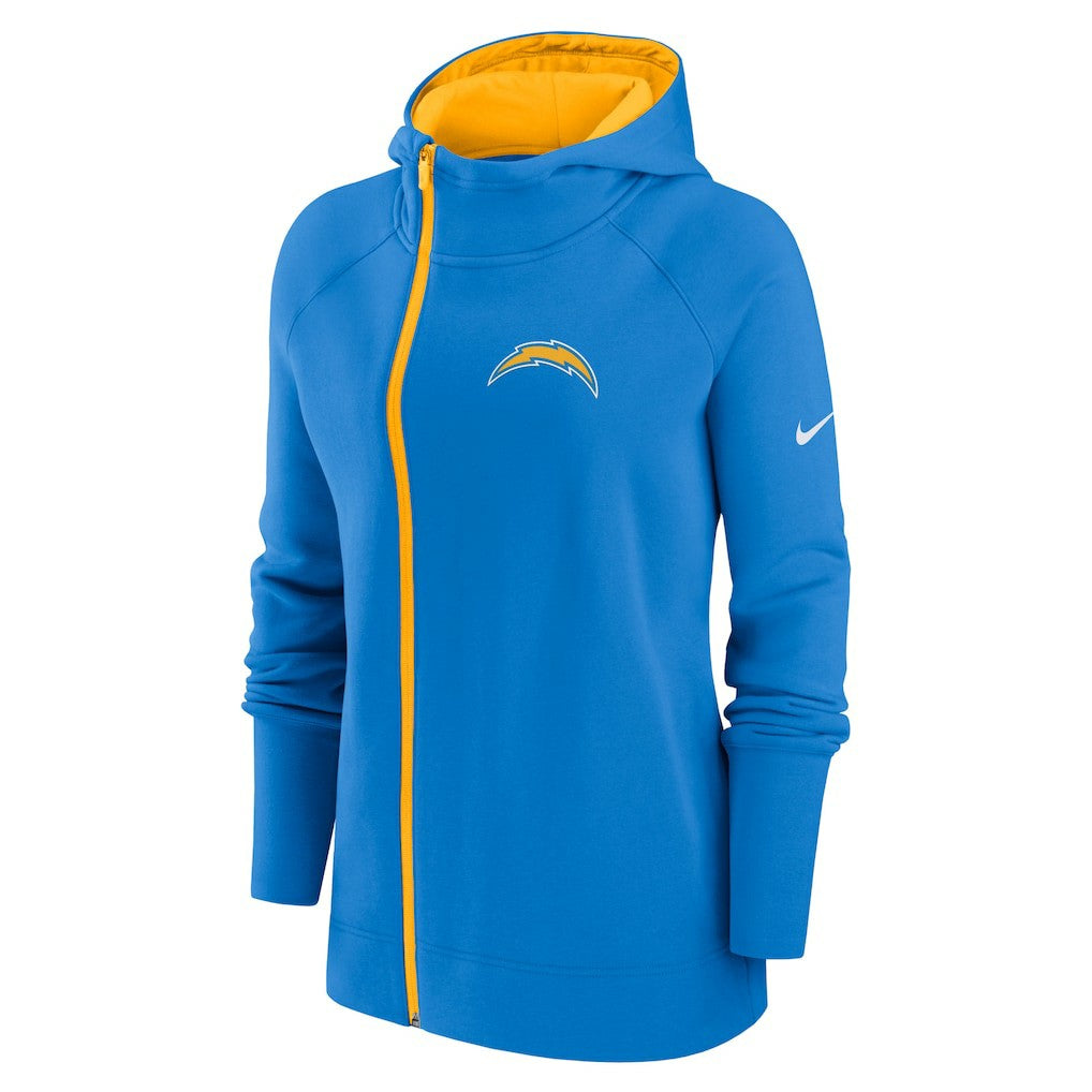 Los Angeles Chargers Women's Asymmetrical Raglan Full-Zip Hoodie - Powder Blue | Nike online