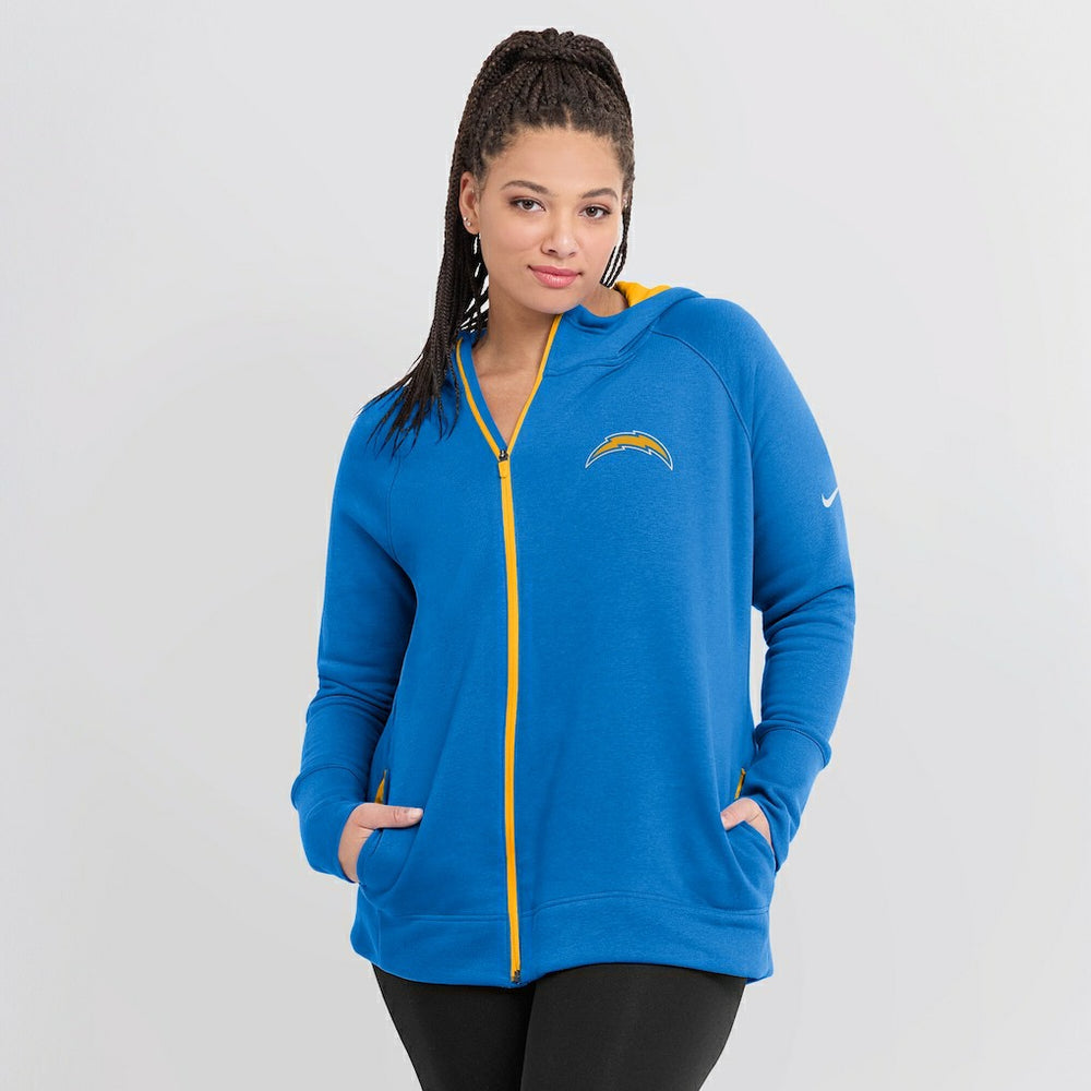 Los Angeles Chargers Women's Asymmetrical Raglan Full-Zip Hoodie - Powder Blue | Nike online