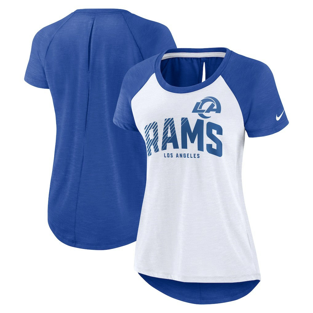 Los Angeles Rams Women's Back Slit Lightweight Fashion T-Shirt - White/Heather Scarlet | Nike on sale