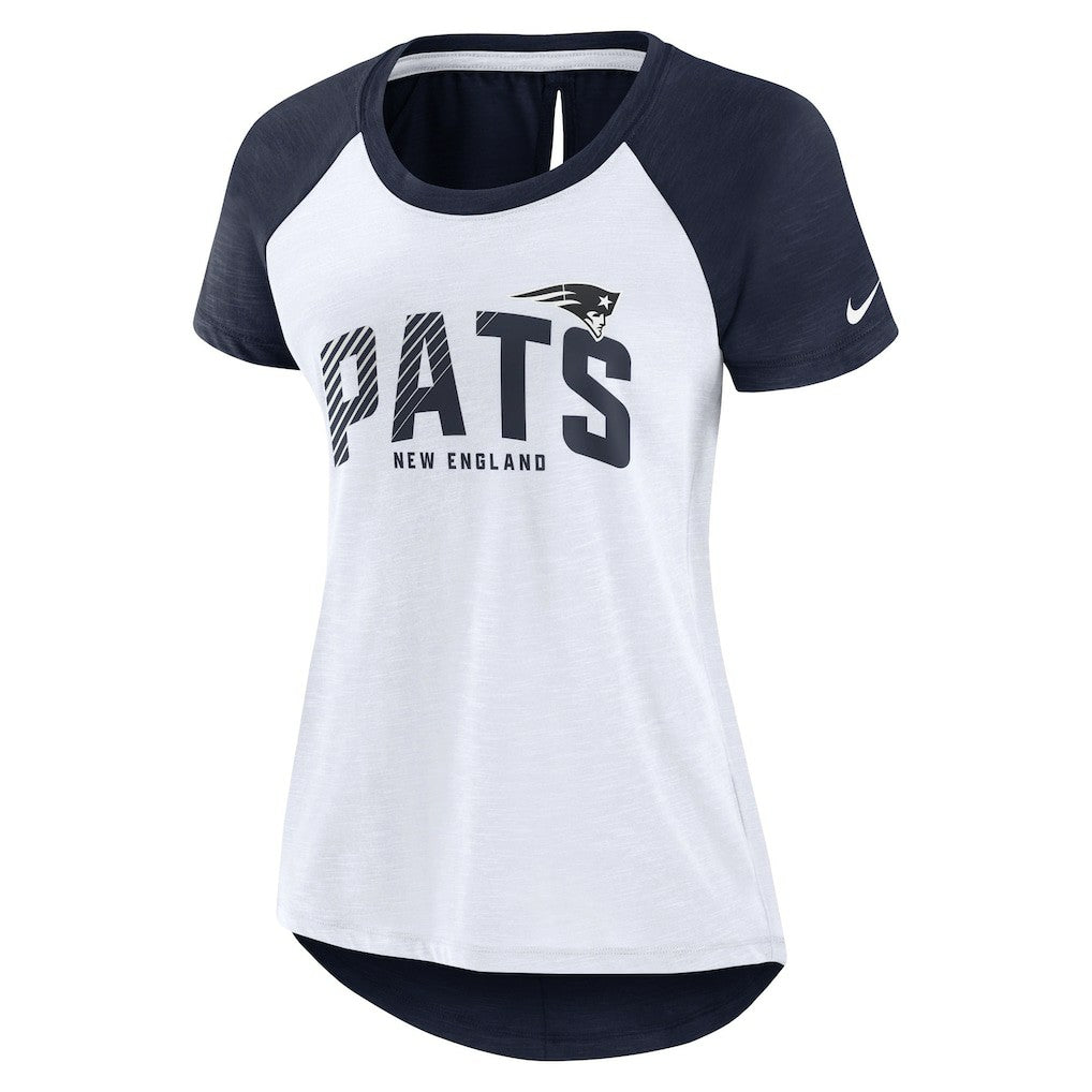 New England Patriots Women's Back Slit Lightweight Fashion T-Shirt - White/Heather Scarlet | Nike on sale