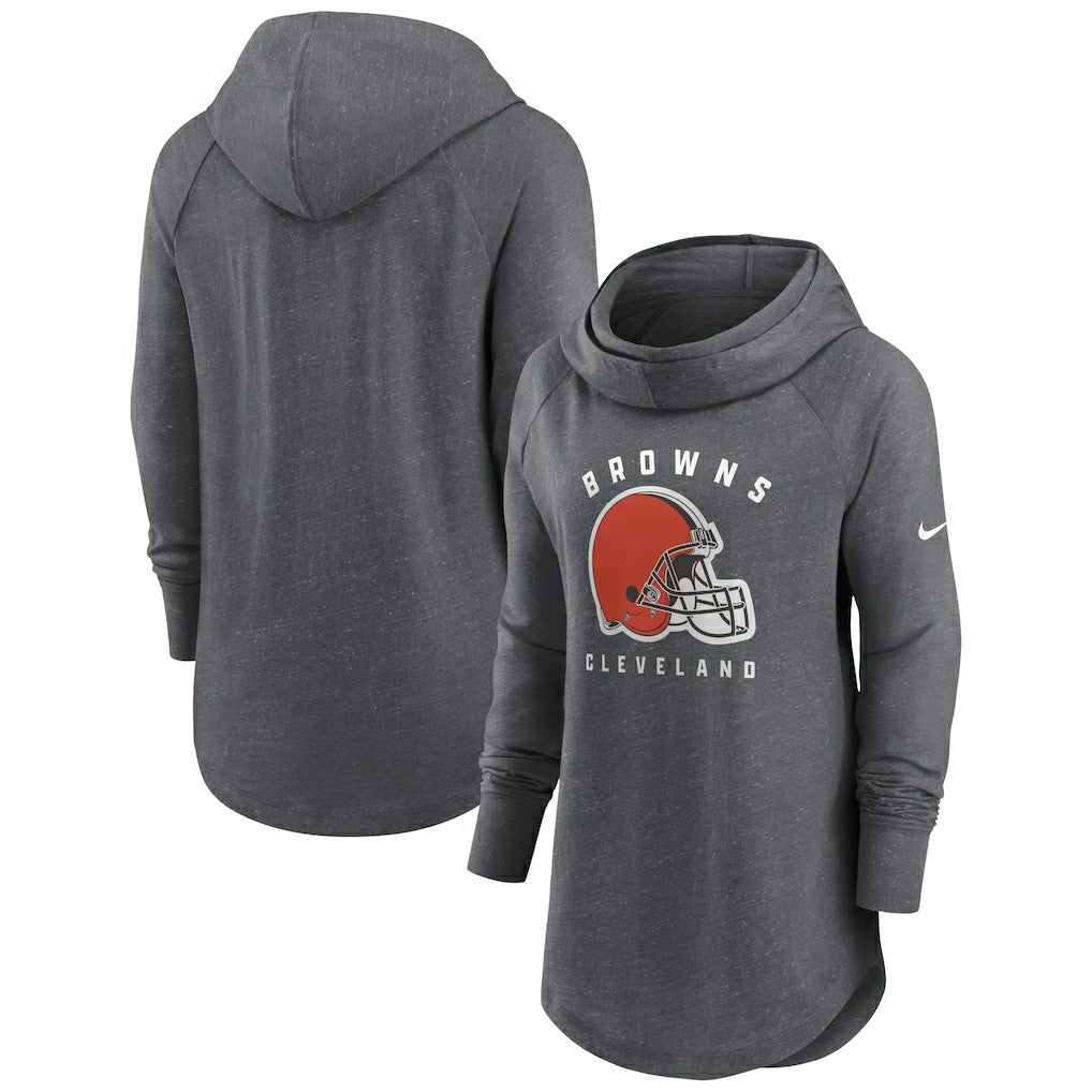 Cleveland Browns Women's Raglan Funnel Neck Pullover Hoodie - Heather Charcoal | Nike for sale
