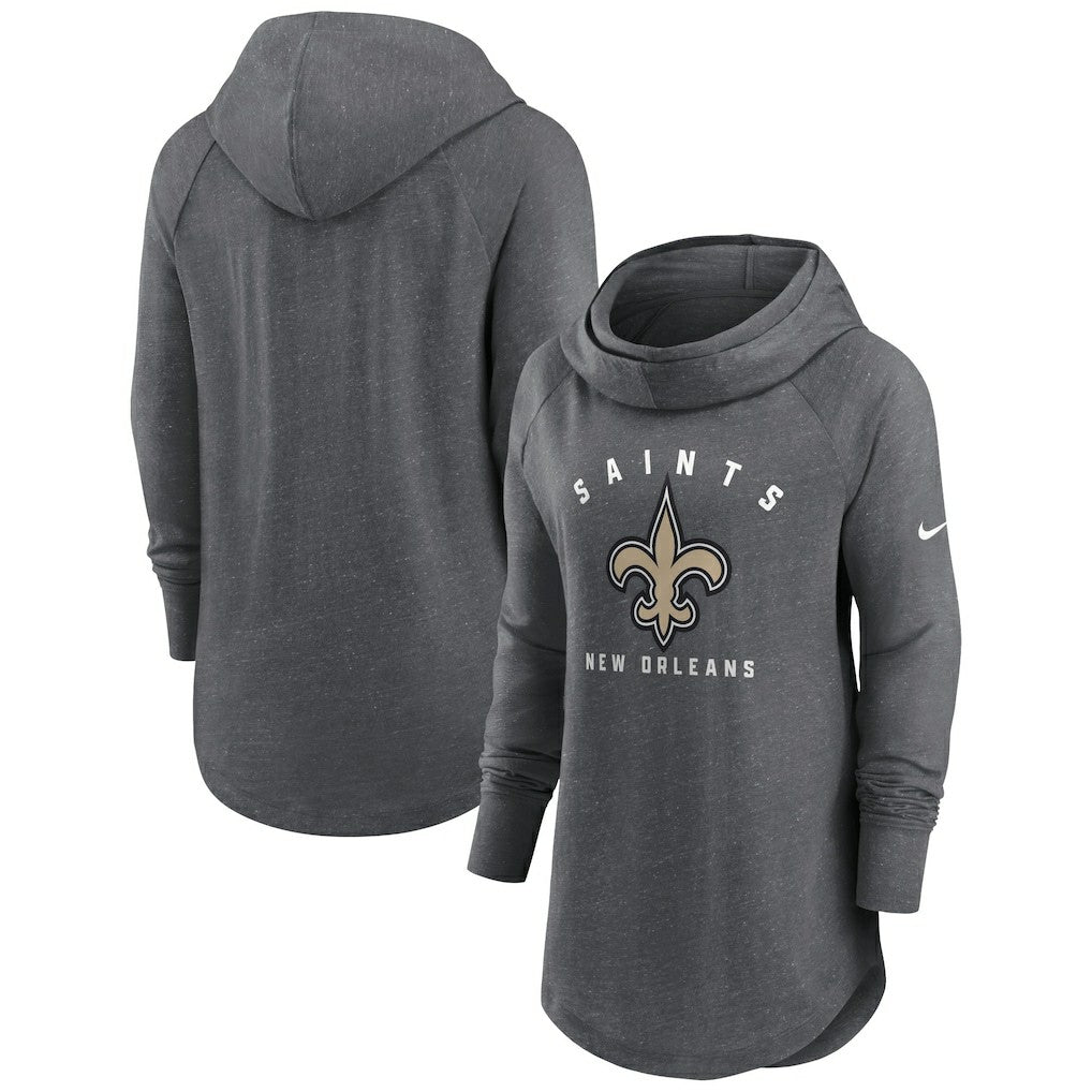 New Orleans Saints Women's Raglan Funnel Neck Pullover Hoodie - Heather Charcoal | Nike outlet