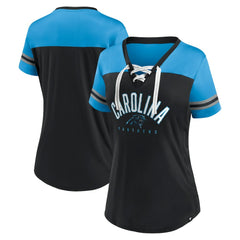 Carolina Panthers Women's Blitz & Glam Lace-Up V-Neck Jersey T-Shirt - Black/Blue for sale