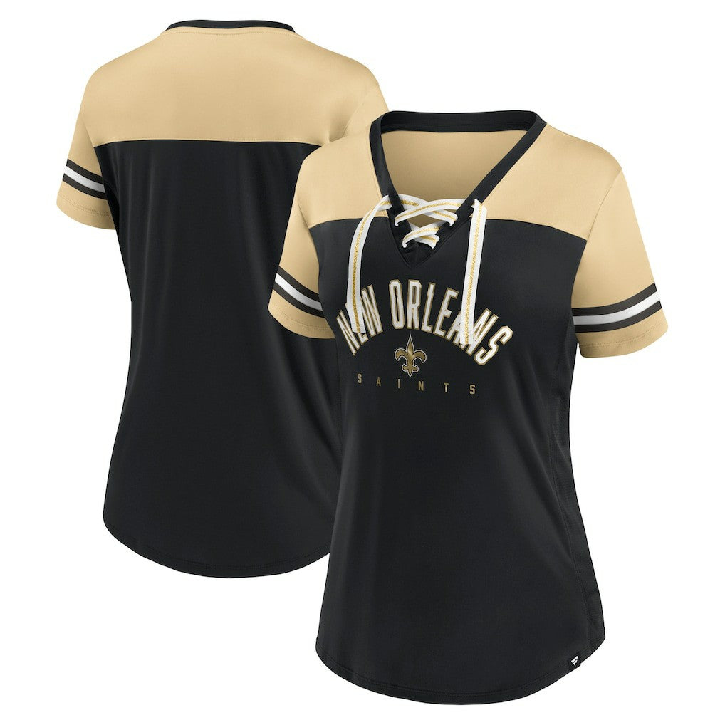 New Orleans Saints Women's Blitz & Glam Lace-Up V-Neck Jersey T-Shirt - Black/Vegas Gold outlet