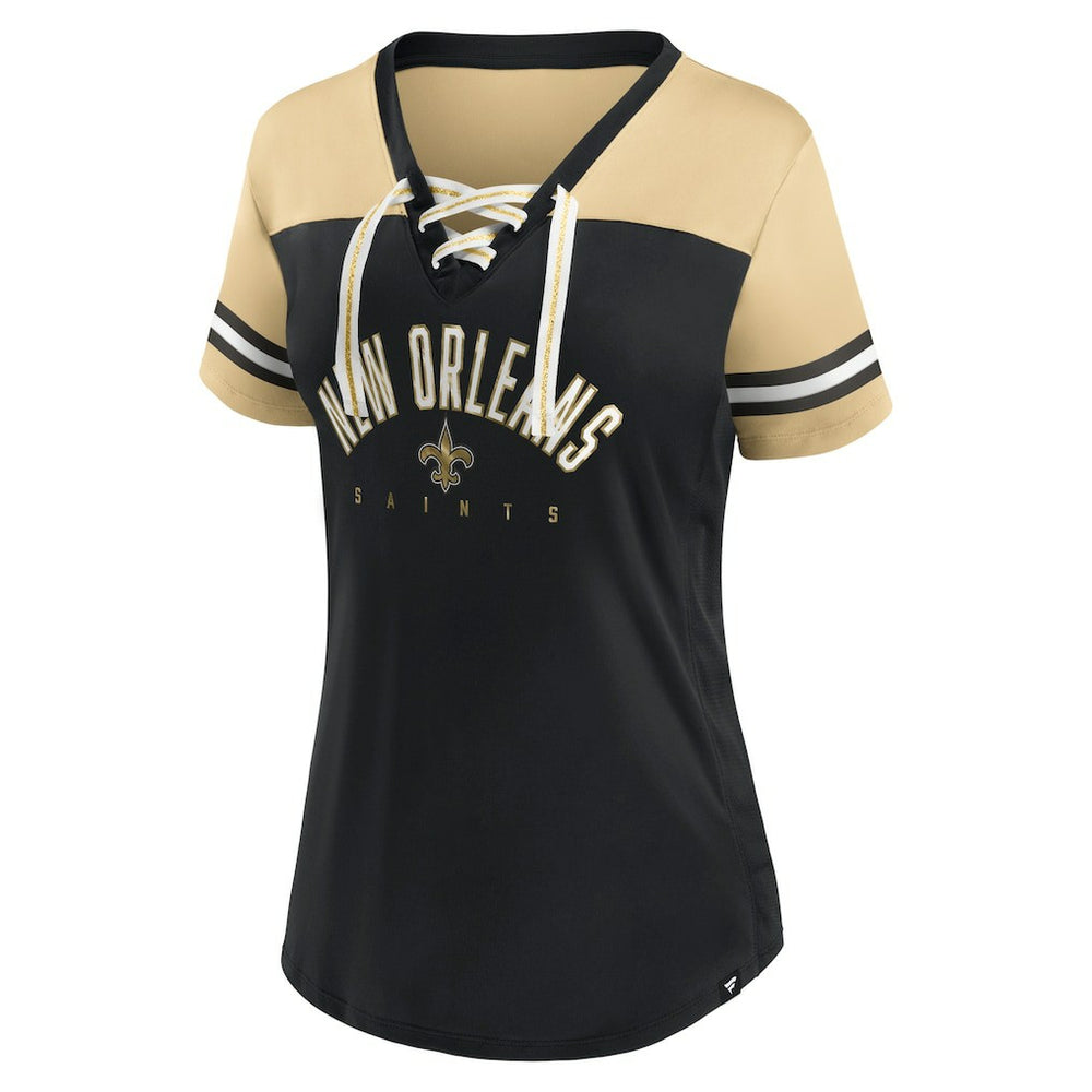 New Orleans Saints Women's Blitz & Glam Lace-Up V-Neck Jersey T-Shirt - Black/Vegas Gold outlet