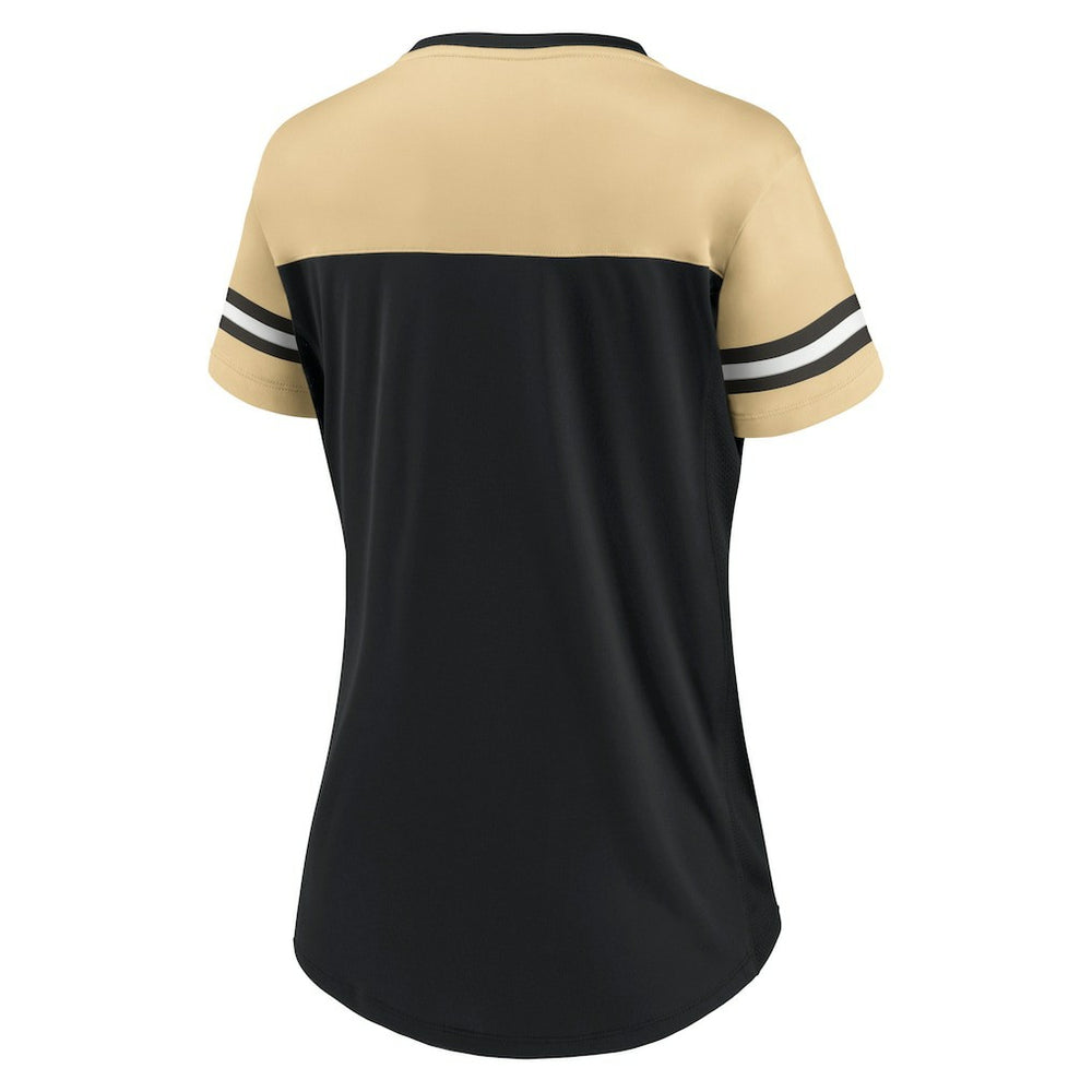 New Orleans Saints Women's Blitz & Glam Lace-Up V-Neck Jersey T-Shirt - Black/Vegas Gold outlet