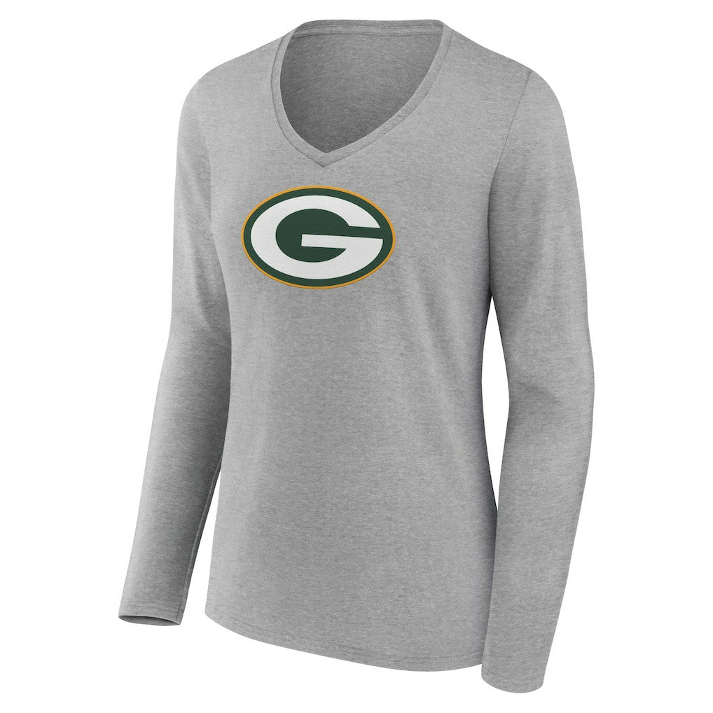 Green Bay Packers Women's Primary Team Logo Long Sleeve V-Neck T-Shirt - Heather Gray outlet