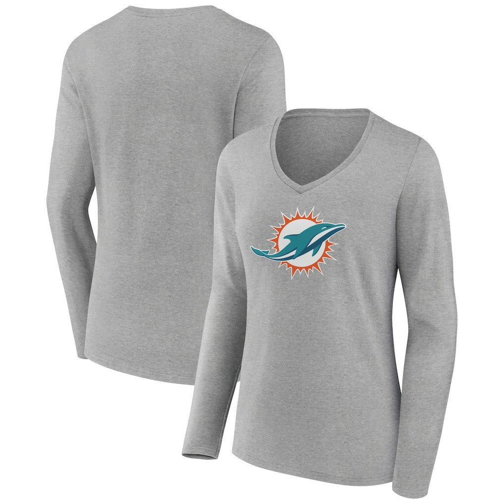 Miami Dolphins Women's Primary Team Logo Long Sleeve V-Neck T-Shirt - Heather Gray cheap