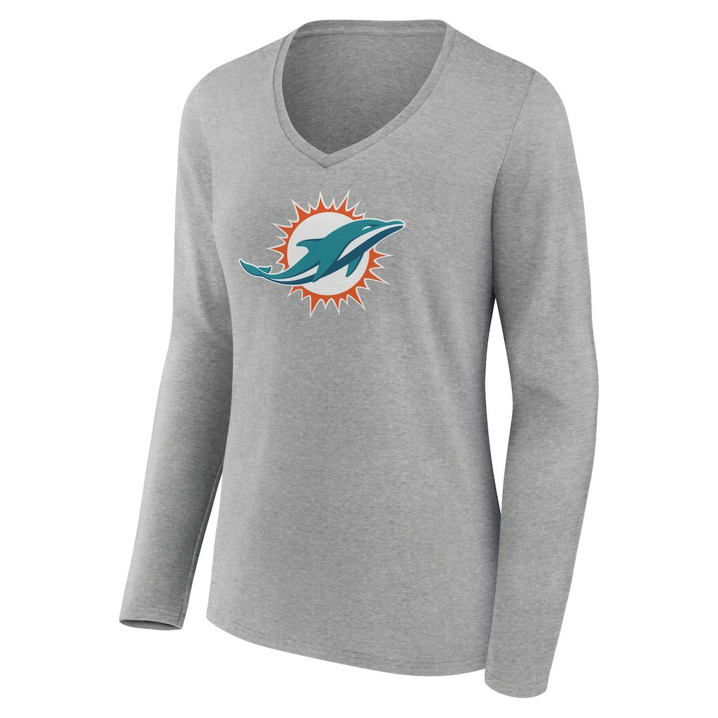 Miami Dolphins Women's Primary Team Logo Long Sleeve V-Neck T-Shirt - Heather Gray cheap