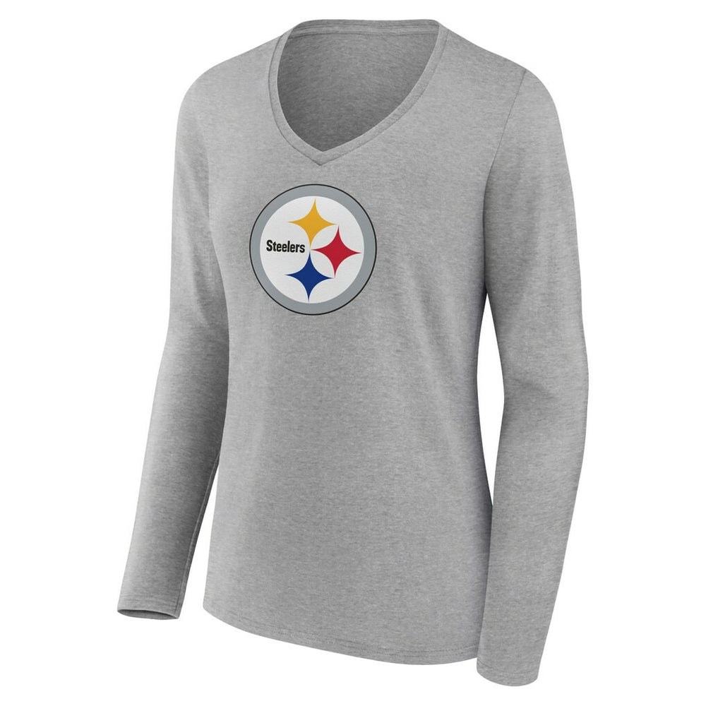 Pittsburgh Steelers Women's Primary Team Logo Long Sleeve V-Neck T-Shirt - Heather Gray for sale