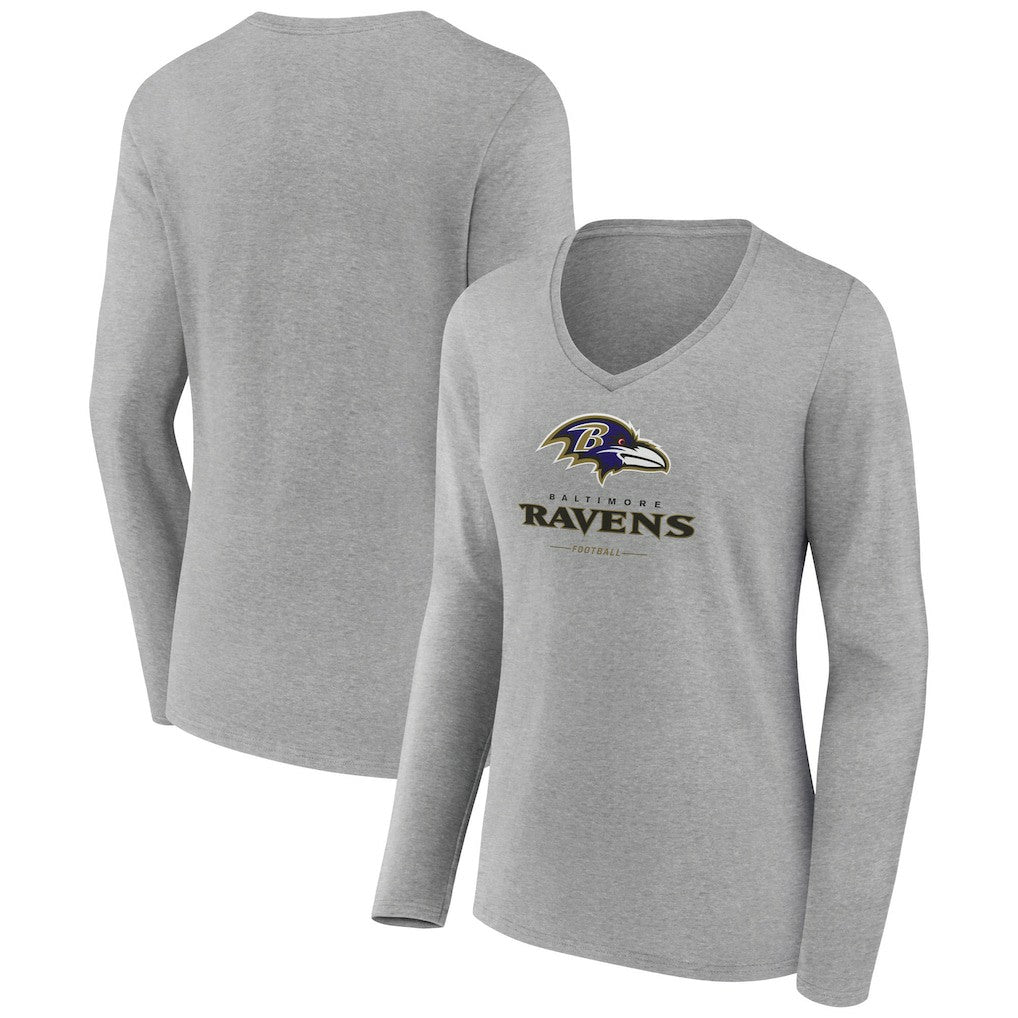 Baltimore Ravens Women's Logo Team Lockup Long Sleeve V-Neck T-Shirt - Heather Gray outlet