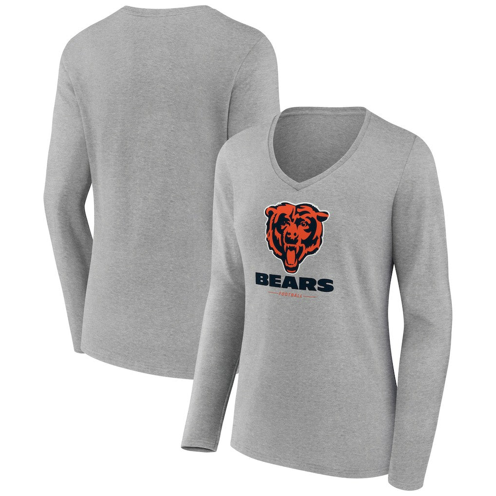 Chicago Bears Women's Logo Team Lockup Long Sleeve V-Neck T-Shirt - Heather Gray cheap