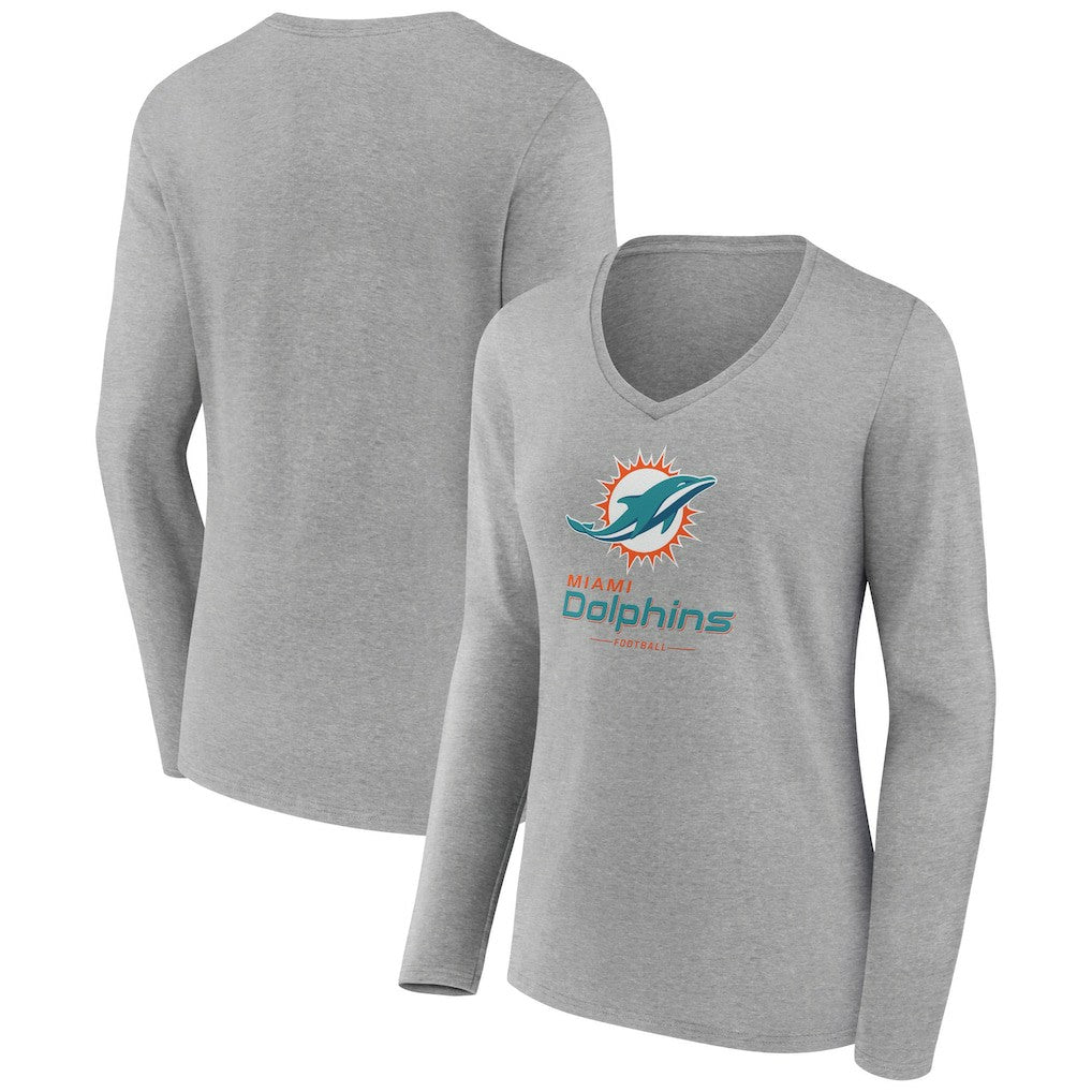 Miami Dolphins Women's Logo Team Lockup Long Sleeve V-Neck T-Shirt - Heather Gray discount