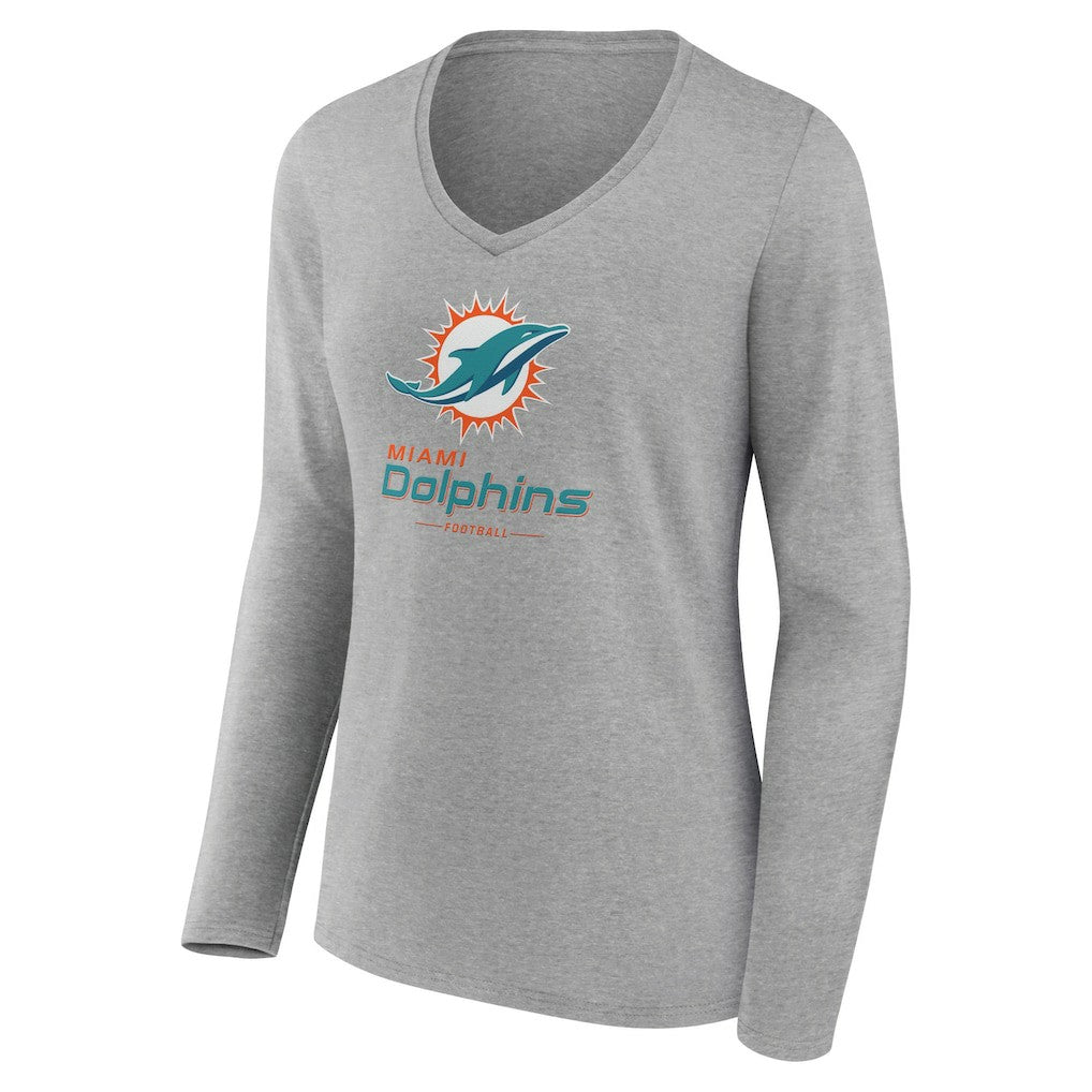 Miami Dolphins Women's Logo Team Lockup Long Sleeve V-Neck T-Shirt - Heather Gray discount