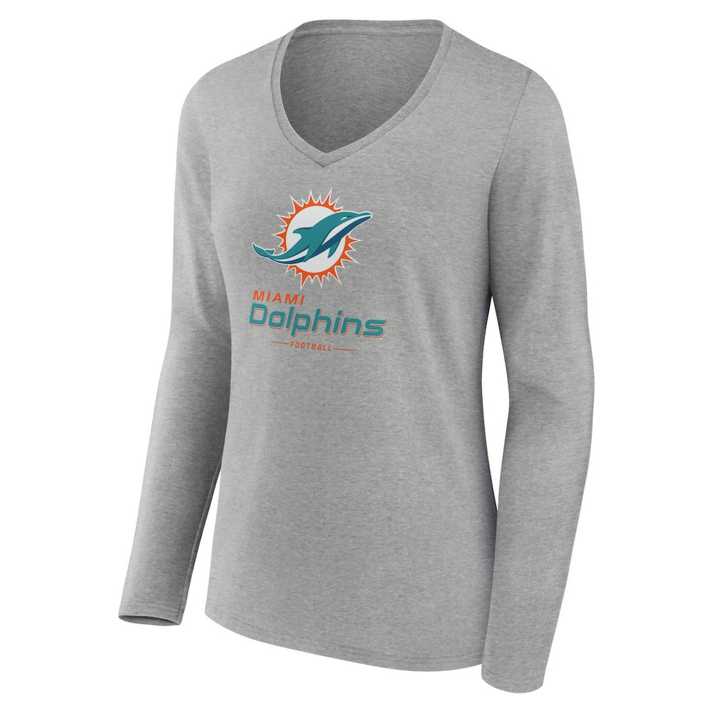 Miami Dolphins Women's Logo Team Lockup Long Sleeve V-Neck T-Shirt - Heather Gray discount