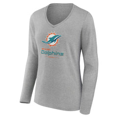 Miami Dolphins Women's Logo Team Lockup Long Sleeve V-Neck T-Shirt - Heather Gray discount