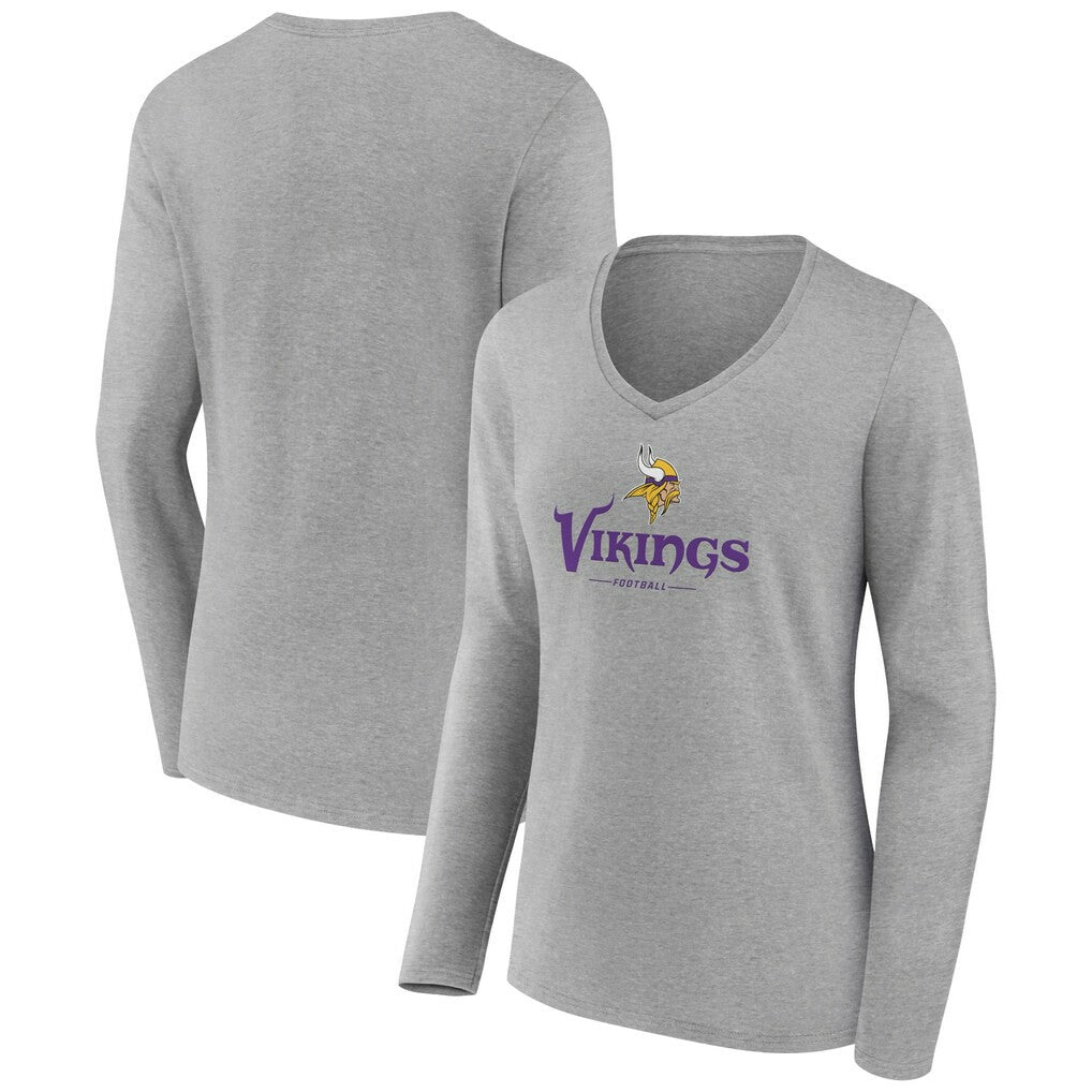 Minnesota Vikings Women's Logo Team Lockup Long Sleeve V-Neck T-Shirt - Heather Gray sale