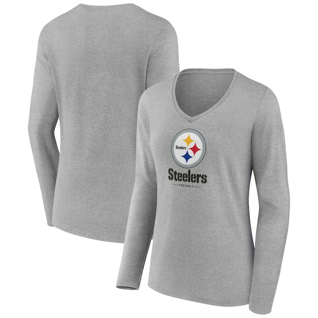 Pittsburgh Steelers Women's Logo Team Lockup Long Sleeve V-Neck T-Shirt - Heather Gray on sale