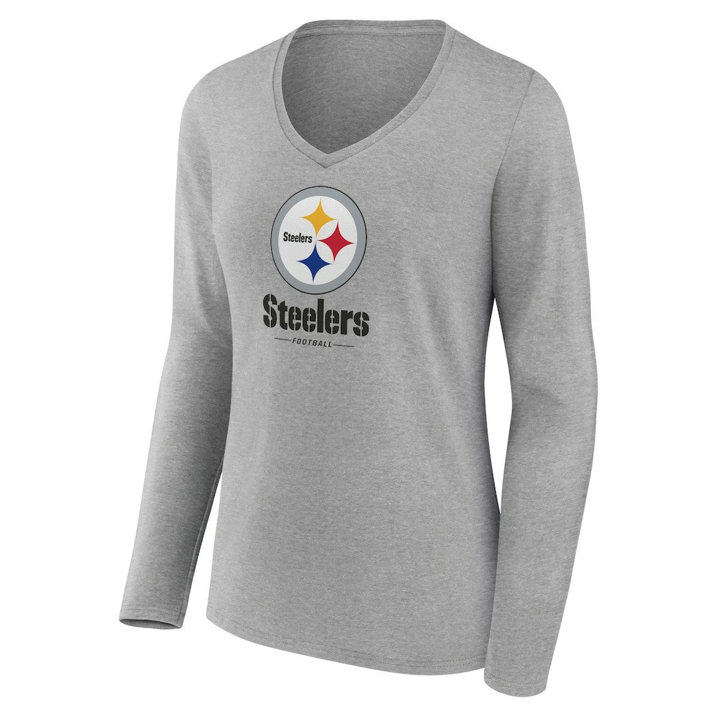 Pittsburgh Steelers Women's Logo Team Lockup Long Sleeve V-Neck T-Shirt - Heather Gray on sale