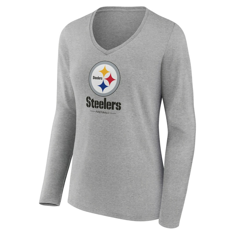 Pittsburgh Steelers Women's Logo Team Lockup Long Sleeve V-Neck T-Shirt - Heather Gray on sale