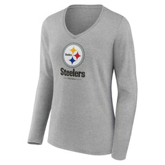Pittsburgh Steelers Women's Logo Team Lockup Long Sleeve V-Neck T-Shirt - Heather Gray on sale