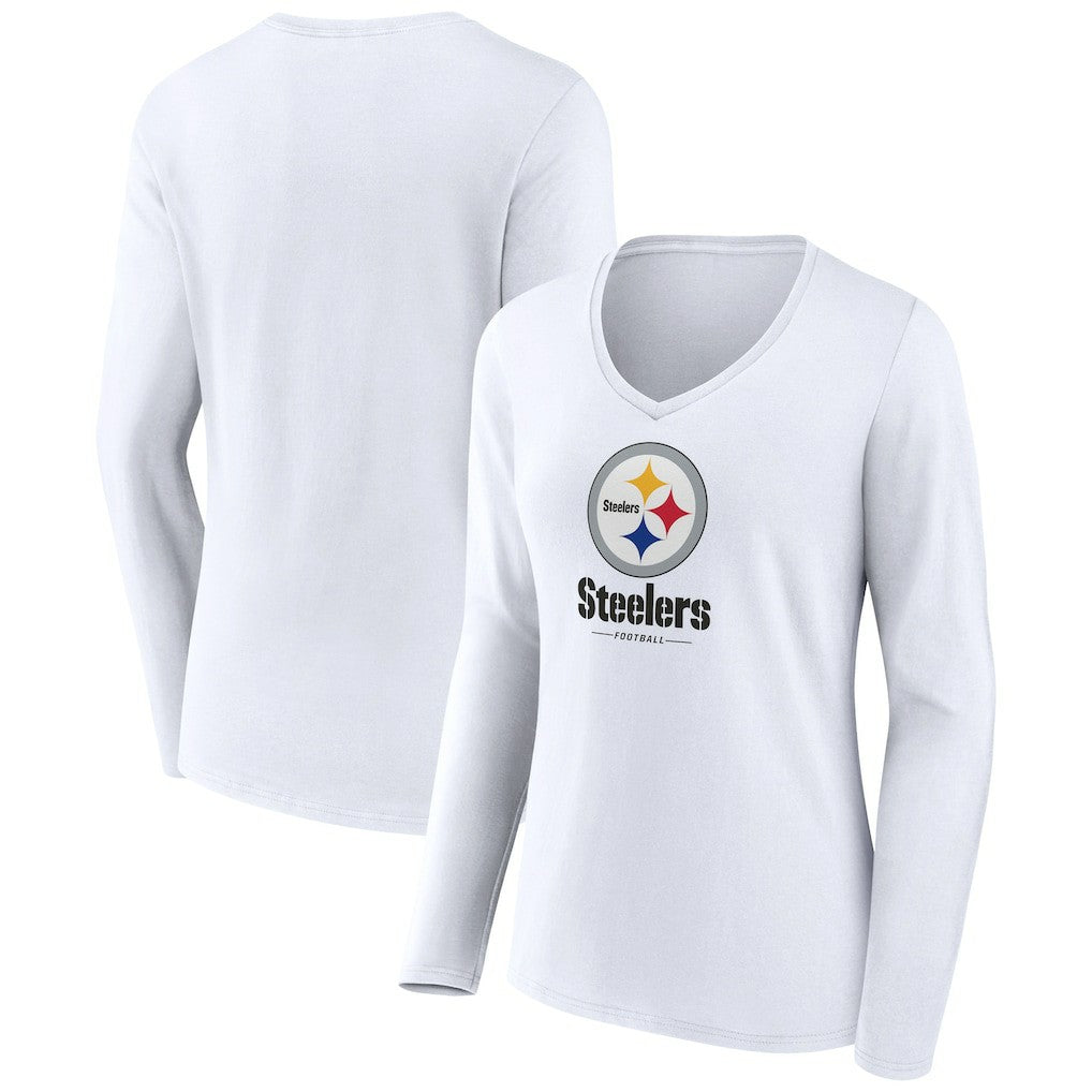 Pittsburgh Steelers Women's Logo Team Lockup Long Sleeve V-Neck T-Shirt - White cheap